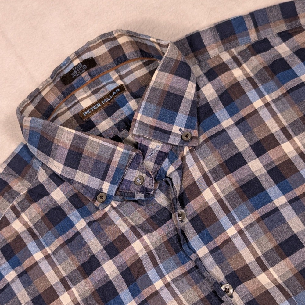 Peter Millar Mens Large Blue Brown Plaid Cotton‎ Long Sleeve Button Down Shirt